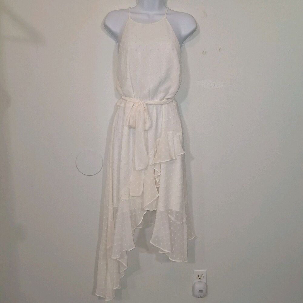 Sheer Swiss Dot Ruffle Midi Dress Sz 10 Asymmetrical Ethereal Soft Girl Coqutte